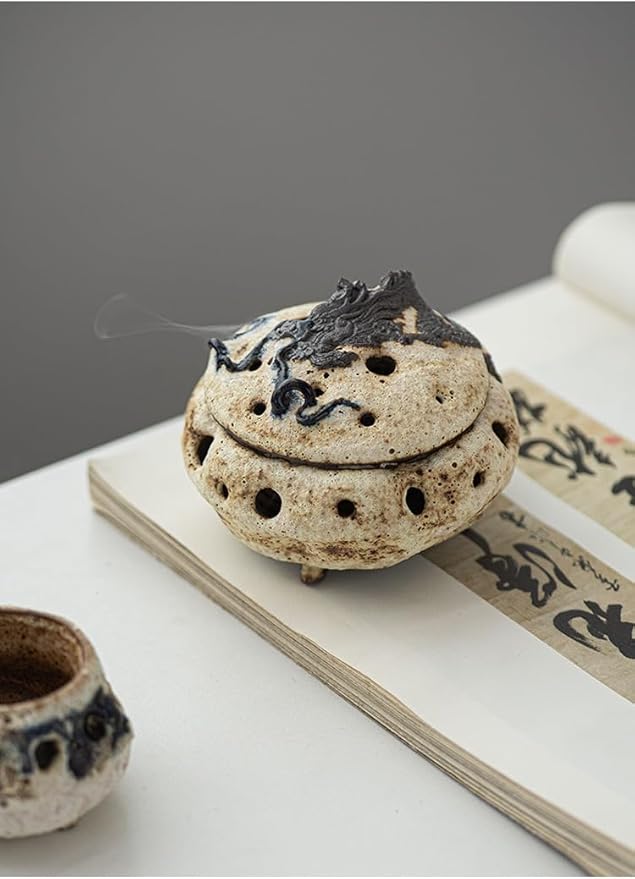 Wabi-Sabi Ceramic Incense Burner - Handmade Old Rock Clay Bowl for Coils, Cones & Agarwood - Zen Meditation Decor
