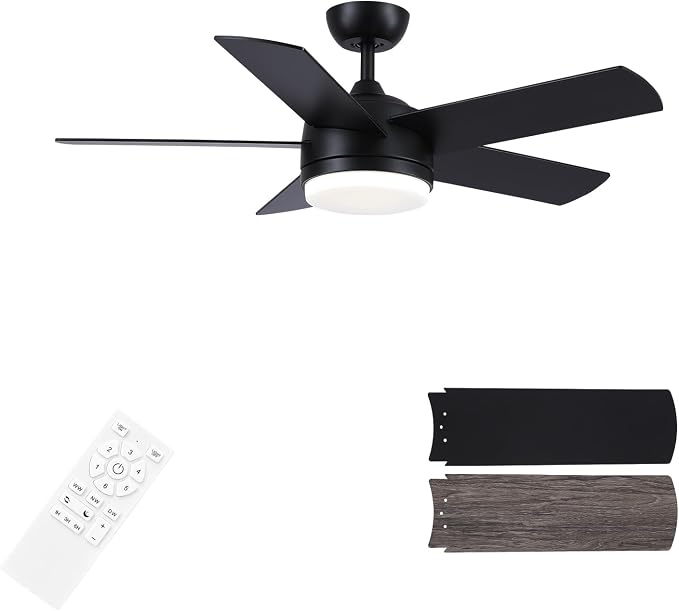 YUHAO 44 Inch Black Ceiling Fan with Light and Remote Control.Noiseless,Dimmable,3CCT,6 Speeds Reversible, DC Ceiling Fans for Indoor or Covered Outdoor Use.ETL Listed