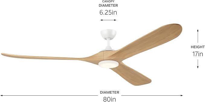KICHLER Mylo 80" Ceiling Fan with Satin Etch Cased Opal Glass in Matte White with White Maple Wood Blades, Modern, 6-Speed Remote Control, 310580MWH
