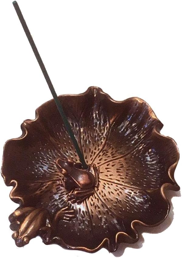 Bronze Copper Red Antique Style Lotus Flower Lily Pad Ash Catcher Incense Burner Holder Plate Zen Buddha Buddhist Meditation Decor w/Mini Lucky Frog & Sandalwood Scented Incense Sticks Gift Set