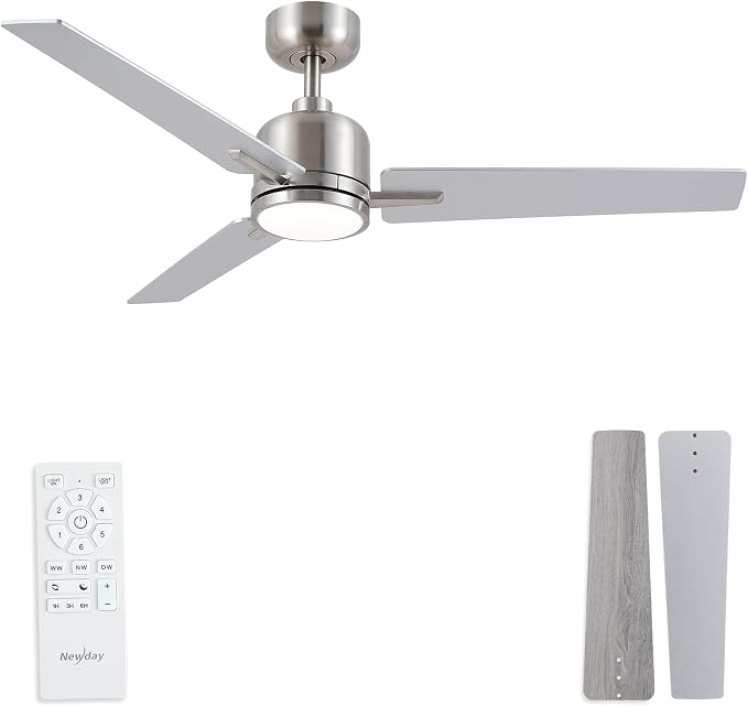 Newday 48 Inch Brushed Nickel Ceiling Fan with Light & Remote - Noiseless Reversible DC Motor, Dimmable 3CCT, 6-Speed with Timer, 3 Blades for Indoor/Covered Outdoor Use (ETL Listed)