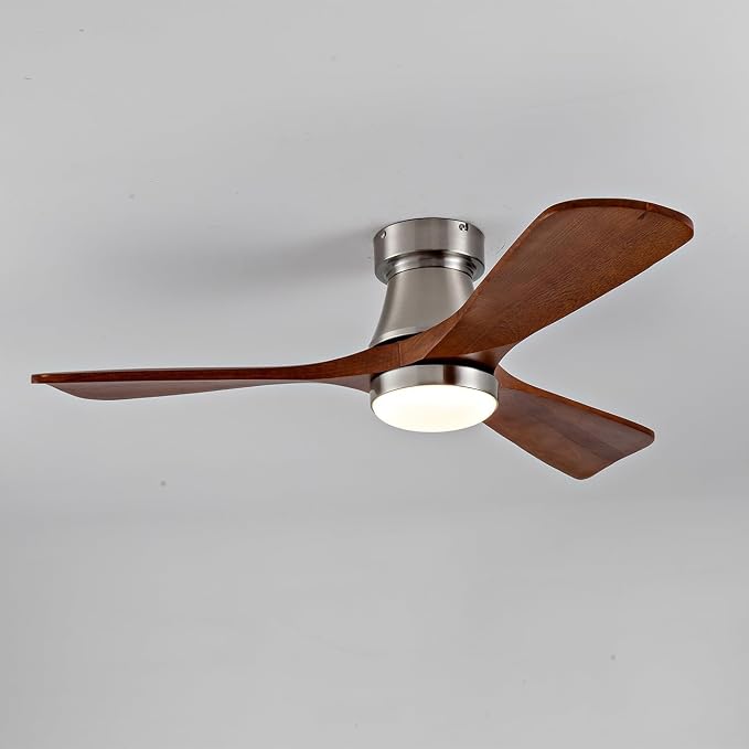 42-Inch Brushed Nickel Ceiling Fan with Lights, Remote Control, Flush Mount, Dimmable, Reversible, Wood Blades, Power-Off Memory, Modern Hugger Ceiling Fan for Indoor Outdoor