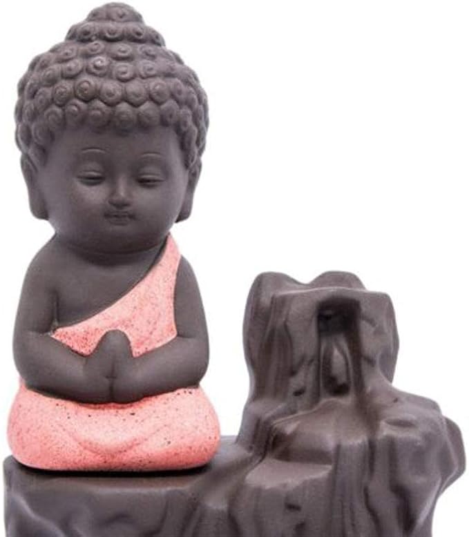 Incense Burner Smoke Waterfall Backflow Holder Ceramics Porcelain Buddha Little Monk Tower Cones Sticks Ash Catcher(Red)