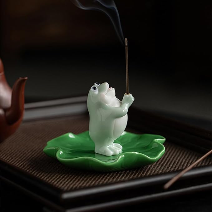 Frog Incense Holder for Sticks, Ceramic Incense Holder Cute Frog Figurines Incense Stick Holder, Insence-Sticks Burner Incense Burner Holder for Yoga Meditation Home Office Decor (with Ash Catcher)