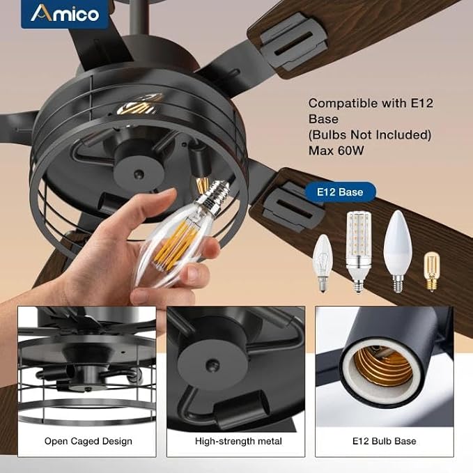 Amico 52 inch Ceiling Fans with Lights, Caged Ceiling Fan with Light and Remote Control, Dimmable, 3CCT, Quiet, Black Farmhouse Ceiling fan For Living Room, Patio, Bedroom, Kitchen, Indoor/Outdoor Use