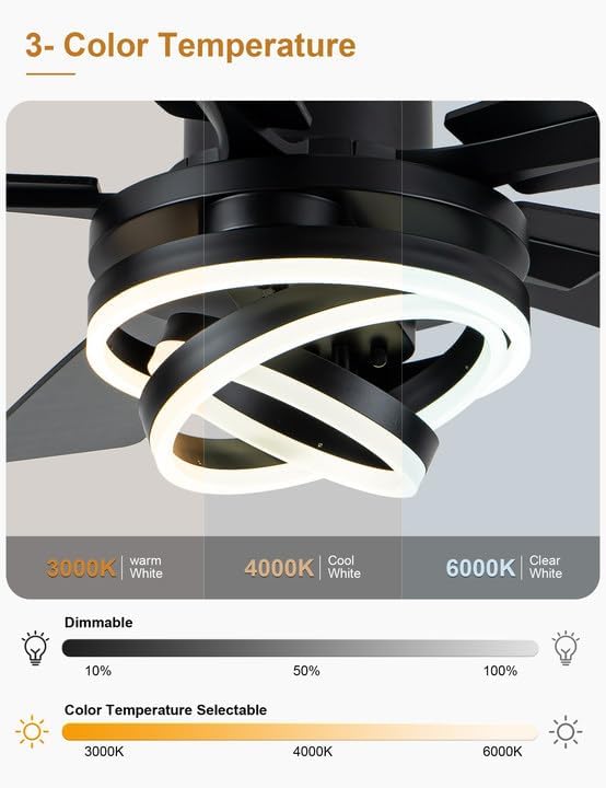 52" Black Modern Chandelier Ceiling Fan with Lights | DC motor, reversible, dimmable; recommended for bedroom, living room, and indoor use.