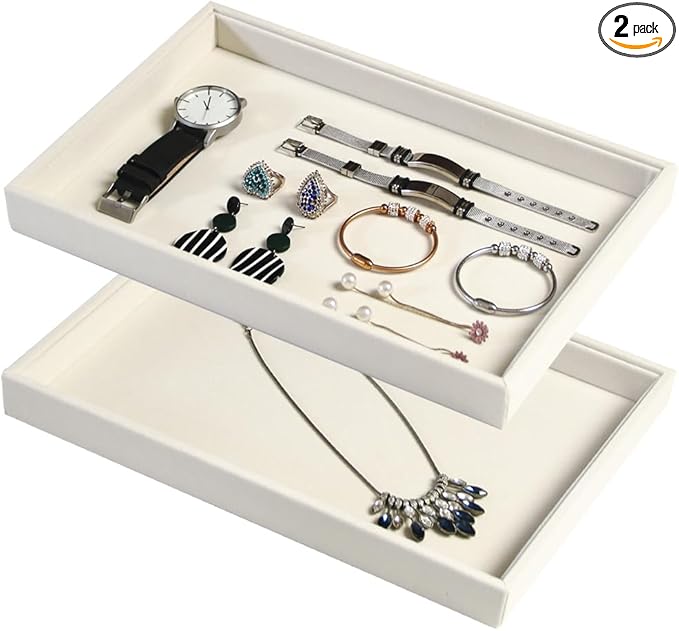 Coward 2Pcs/Set Stackable Jewerlry Organizer Tray Beige Velvet Blank Tray Holder for Beads Bracelets Necklaces Earrings Store Selling or Home Show