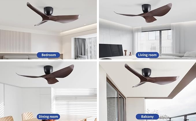 52" Black Walnut Grain Flush Mount Ceiling Fan, Remote No Light | Modern Low-Profile, Heat Resistant ABS Blades, 6-Speed Reversible Quiet DC Motor for Balcony, Living Room, Bedroom