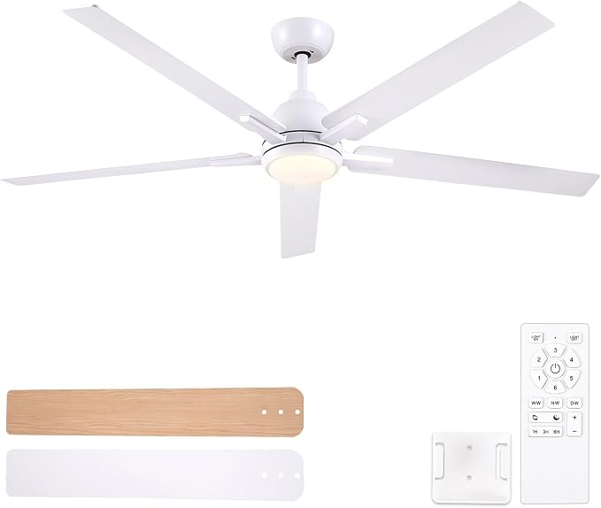Sevenine 60 Inch Downrod White Ceiling Fan with Light & Remote, ETL Listed | 6 Speed, Quiet DC Motor, 3-Level Timer Function, 3 Color Temperature, Forward/Reserve For all Seasons, Indoor/Covered Outdoor