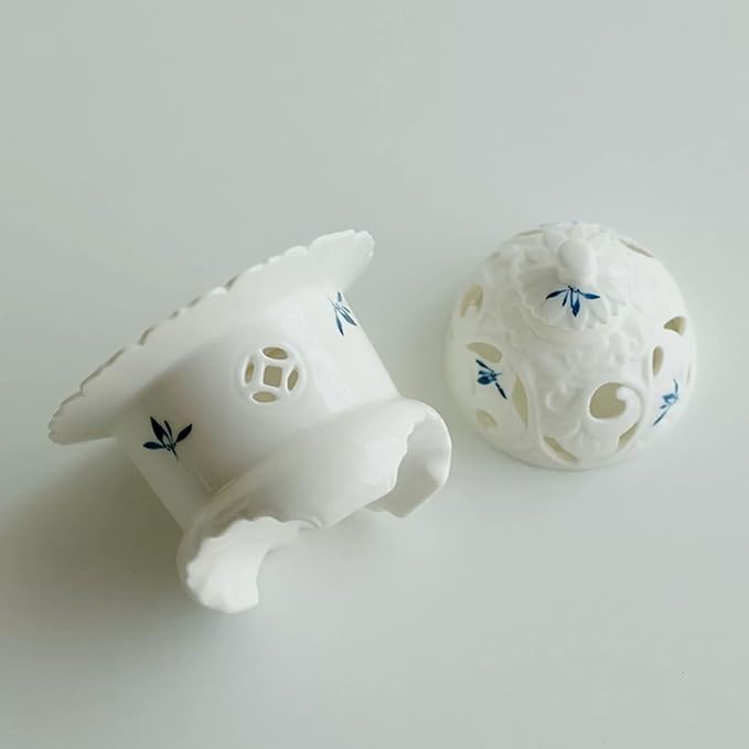 Handcrafted Ceramic Incense Burner (Hand-Painted Orchid), Three-Legged Incense Holder for Coil, Stick or Incense Seal, Elegant Chinese Incense Holder for Home Fragrance Decor