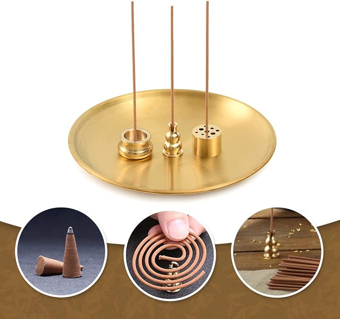 4 in 1 Stick Incense Burner, 5.5 Inch Brass Incense Holder, Incense Cone Holder for Tower Incense, Incense Coil Indoor Outdoor Use