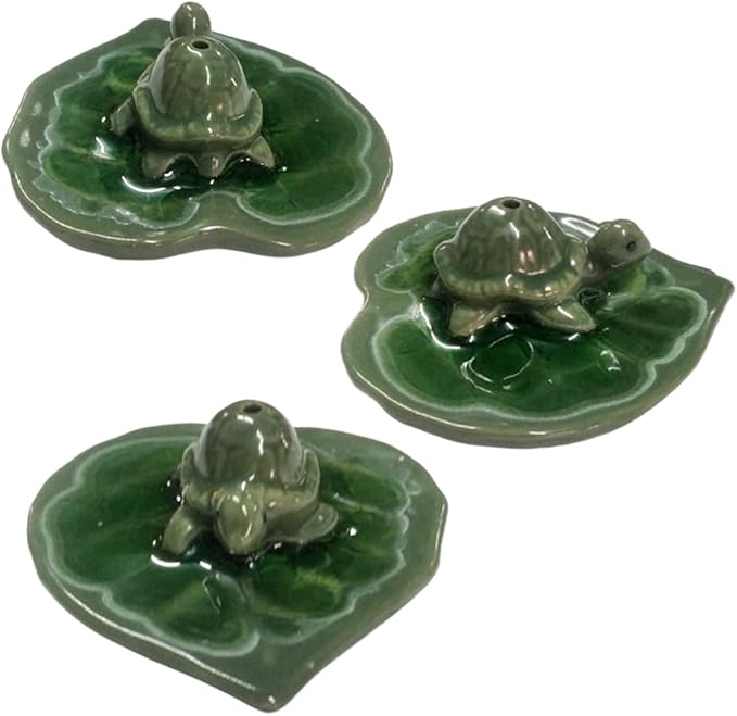 Dolphin Shop, Ceramic Incense Holder Stick Burner Small Turtle with Leaf Tray Dish 1 Pc Handmade Cute Animal for Decorative Statue Home Indoor Buddist Massage Spa Yoga Office (Turtle Green)
