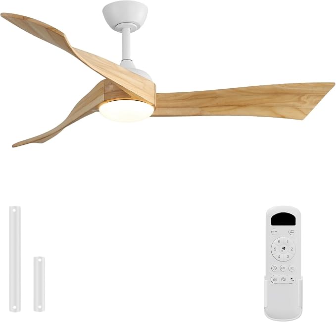 Sofucor 52 Inch Ceiling Fan with Light and Remote, Modern 3 Solid Wood Blades Ceiling Fan, 6 Speeds 5500CFM, Dimmable 3-Color LED with Memory, Timer & Quiet & Reversible DC Motor, ETL, Nature Wood