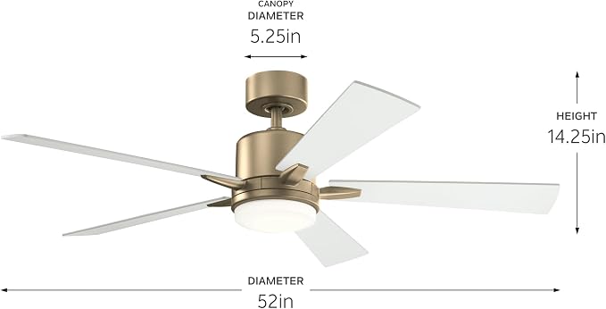 Kichler Lucian Elite 52 in Indoor Ceiling Fan with LED Light, 5 Blade Modern Champagne Bronze Fan with Matte White Blades for Bedroom, Living Room, Office, 330000CPZ