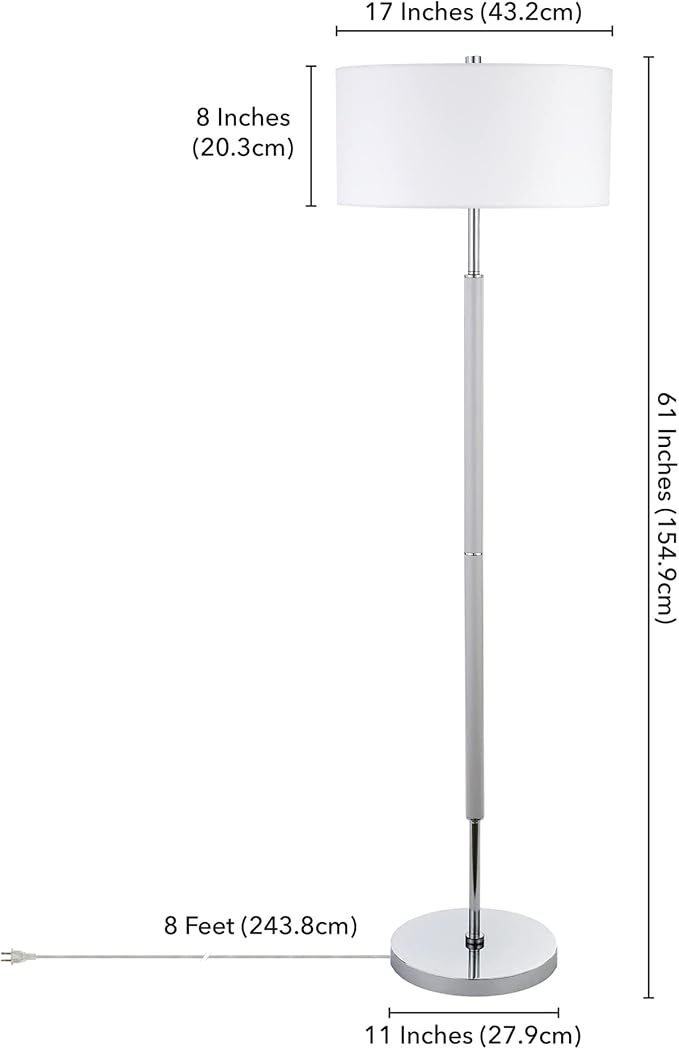 Henn&Hart 2-Light Floor Lamp with Fabric Shade in Cool Gray/Polished Nickel/White, Floor Lamp for Home Office, Bedroom, Living Room , 61" Tall