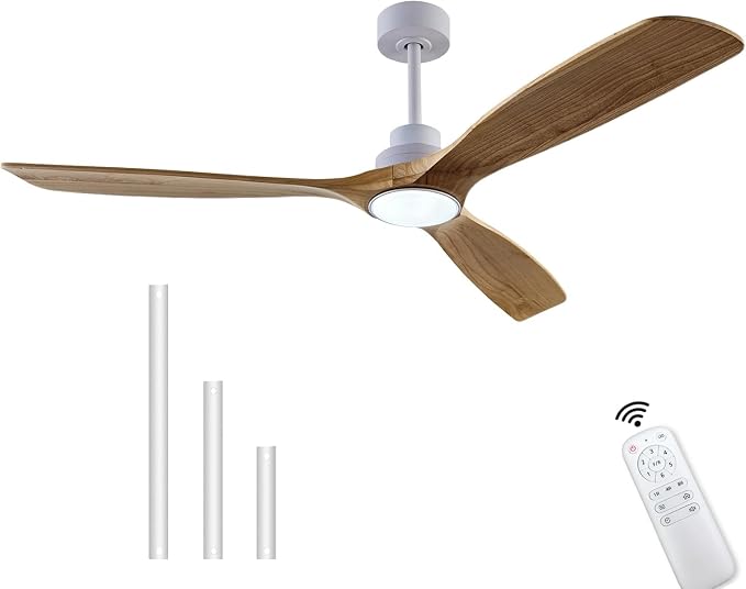 QUTWOB 60" Wood Ceiling Fan with Light, Reversible DC Motor, Remote Control | solid wood blades, quiet 6-speed reversible dc inverter motor, remote control, 3-color led, for indoor outdoor patio bedroom