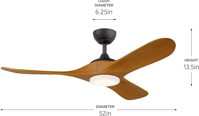 KICHLER Mylo 52 in Modern Ceiling Fan with Light and Remote, 6-Speed Damp Rated Indoor Outdoor Fan with Honey Maple Wood Blades and Satin Etched Opal Glass in Anvil Iron, 310552AVI