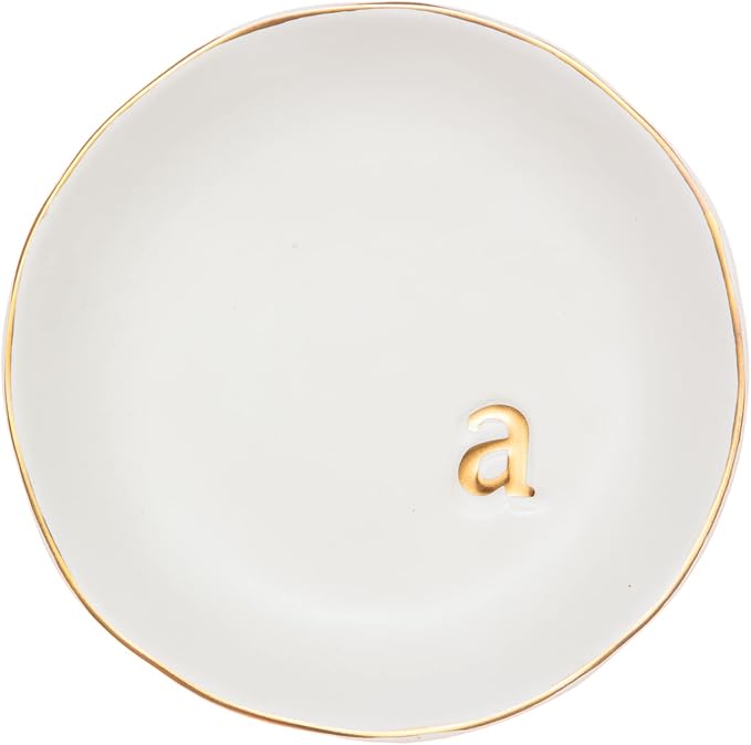 COLLECTIVE HOME Ceramic Jewelry Tray, Trinket Dish, Gifts for Women (A) | Mother's Day, Birthday, Christmas, Engagement Gifts, Vanity, Nightstand Decor, Embossed Gold Monogram Ring Dish with Gift Box
