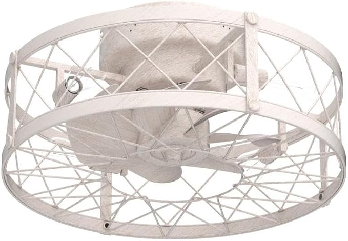 Flush Mount White Caged Ceiling Fan with Light, 20" Small Bladeless Ceiling Fan and Remote, Rustic Low Profile Ceiling Fans 4-Speed Reversible Enclosed Ceiling Fans for Bedroom Kitchen Farmhouse
