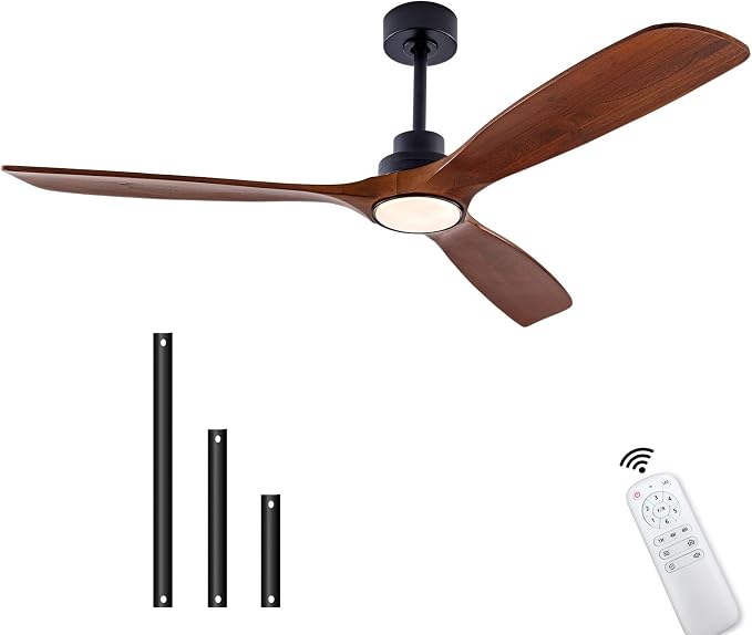 QUTWOB 60" Wood Ceiling Fan with Light, Reversible DC Motor, Remote Control | solid wood blades, quiet 6-speed reversible dc inverter motor, remote control, 3-color led, for indoor outdoor patio bedroom