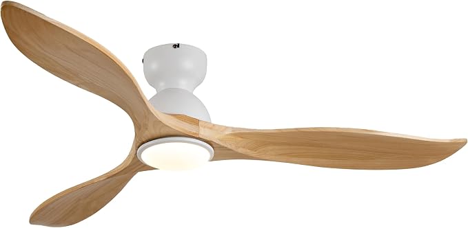 52 Inch Flush Mount Ceiling Fans with Lights and Remote,Low Profile Natural Wood 3 Blade Ceiling Fan,Dimmable,Quiet Noiseless DC Motor for Patios,Living Room,Bedroom(Wall Control Switch)