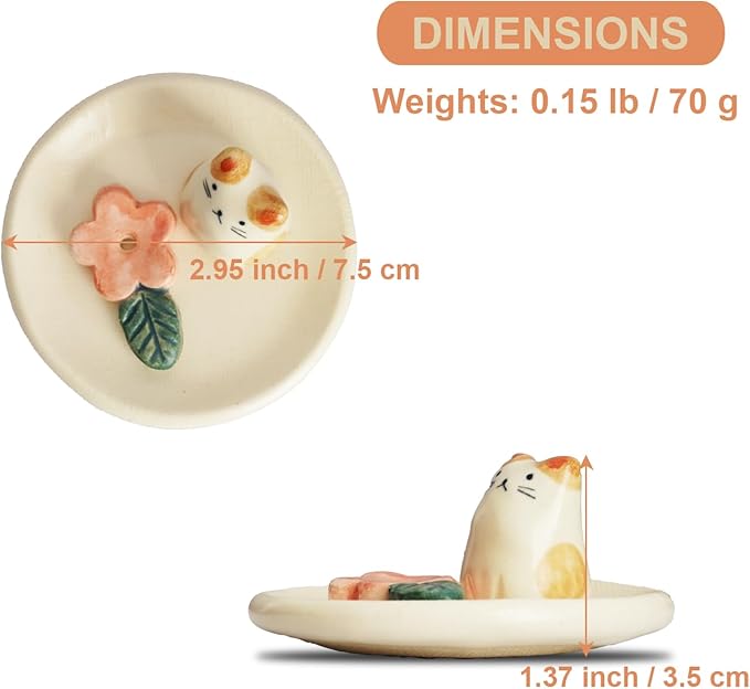 Charming Animal Series Ceramic Incense Holder, Japanese Pottery, Perfect for Relaxation and Concentration, Made in Japan (Small Flower Cat)