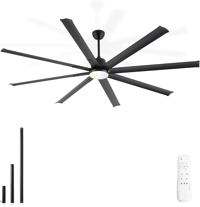 Minislak 84 lnch lndustrial Celing Fan with Light and Remote Control,Large Celing Fan with 8 Black Aluminum Blades,6 Speed Noiseless DC Motor,Wet Rated Indoor Outdoor Ceiling Fans for Patio,Exterior