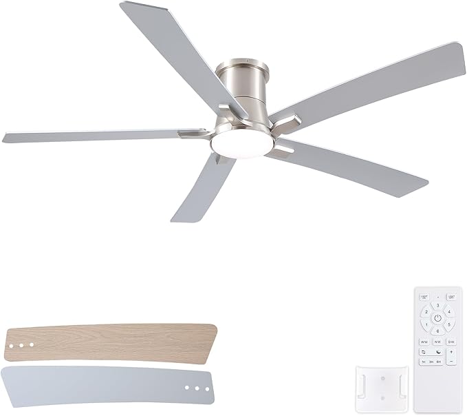 60 Inch Brushed Nickel Flush Mount Ceiling Fans with Lights and Remote | 3CCT Dimmable LED, 6 Speed, Quiet DC Motor, 3-Level Timer Function, Forward/Reserve For all Seasons, Indoor/Covered Outdoor