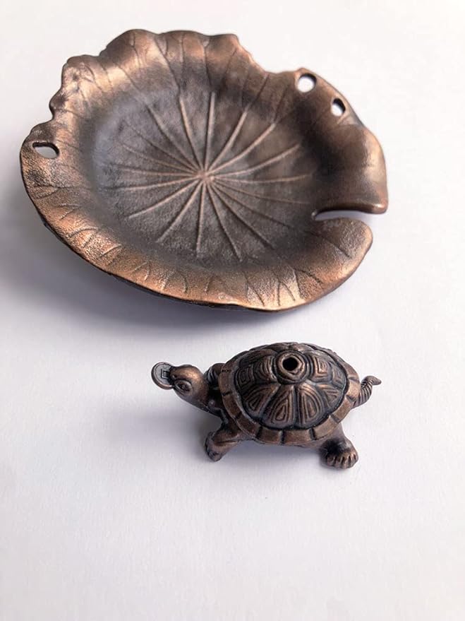 Red Copper Antique Style Metal Lotus Flower Lily Pad Ash Catcher Mini Lucky Turtle Incense Burner Holder Plate Zen Buddha Buddhist Meditation Decor w/Sandalwood Sticks Gift Set