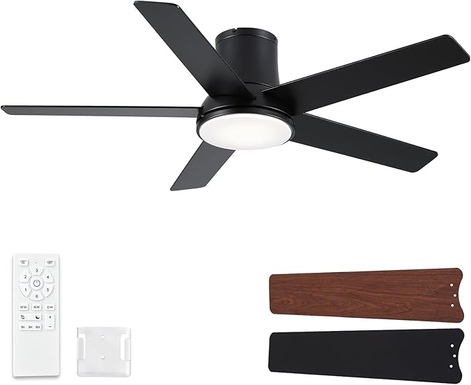 52 Inch Pro Black Flush Mount Ceiling Fans with Lights and Remote | 3CCT Dimmable LED, 6 Speed, Quiet DC Motor, 3-Level Timer Function, Forward/Reserve For all Seasons, Indoor/Covered Outdoor