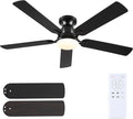 52 Inch Ceiling Fans with Lights and Remote, Flush Mount, Black | Low Profile, Dimmable LED, Reversible, Quiet DC Motor, Wooden Blades, for Modern Apartment Bedroom Home Office Living Room