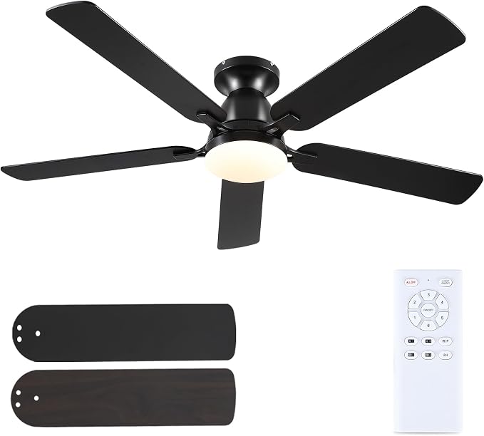 52 Inch Ceiling Fans with Lights and Remote, Flush Mount, Black | Low Profile, Dimmable LED, Reversible, Quiet DC Motor, Wooden Blades, for Modern Apartment Bedroom Home Office Living Room