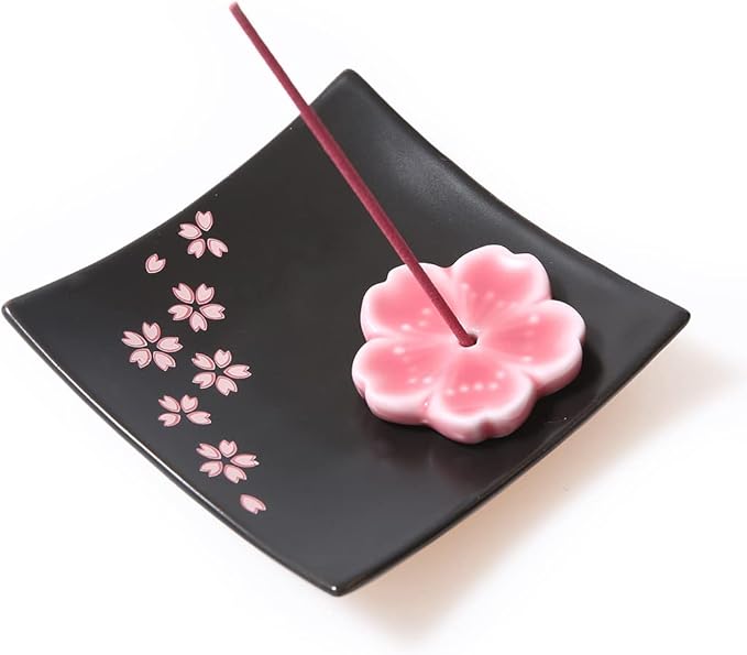 Japanese Ceramic Handmade Cute Cherry Blossom Incense Stick Holder or Incense Burner Holder, Unique Ash Catcher Inscent Tray and Decorative Gift, Home Decor 3.94 inches, Square Pink