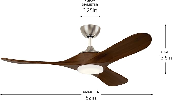 KICHLER Mylo 52 in Modern Ceiling Fan with Light and Remote Control, 6-Speed Indoor Fan with Satin Etched Cased Opal Glass and Natural Walnut Wood Blades in Brushed Nickel, 310552NI