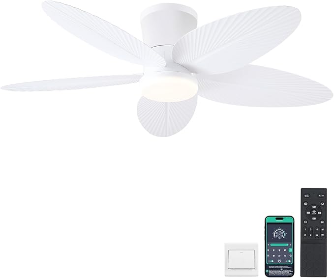Surtime Palm Leaf Ceiling Fans with Lights-42 Tropical Ceiling Fan with Light and Remote/APP Control,Flush Mount Low Profile White Ceiling Fans for Bedroom,Indoor/Outdoor Patio Use