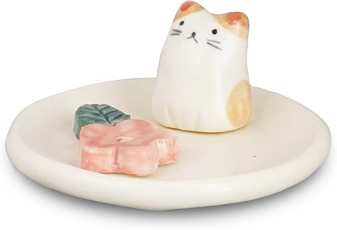 Charming Animal Series Ceramic Incense Holder, Japanese Pottery, Perfect for Relaxation and Concentration, Made in Japan (Small Flower Cat)