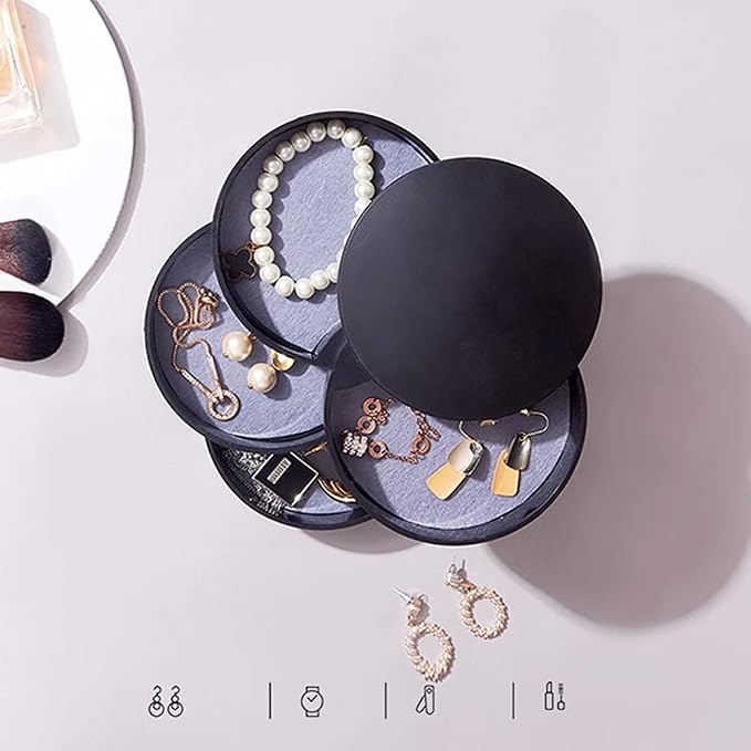 Jewelry Organizer Small Jewelry Storage Box 4-Layer Rotating Travel Jewelry Tray Holder for Women Bracelets Rings Bracelets Earrings (Black)