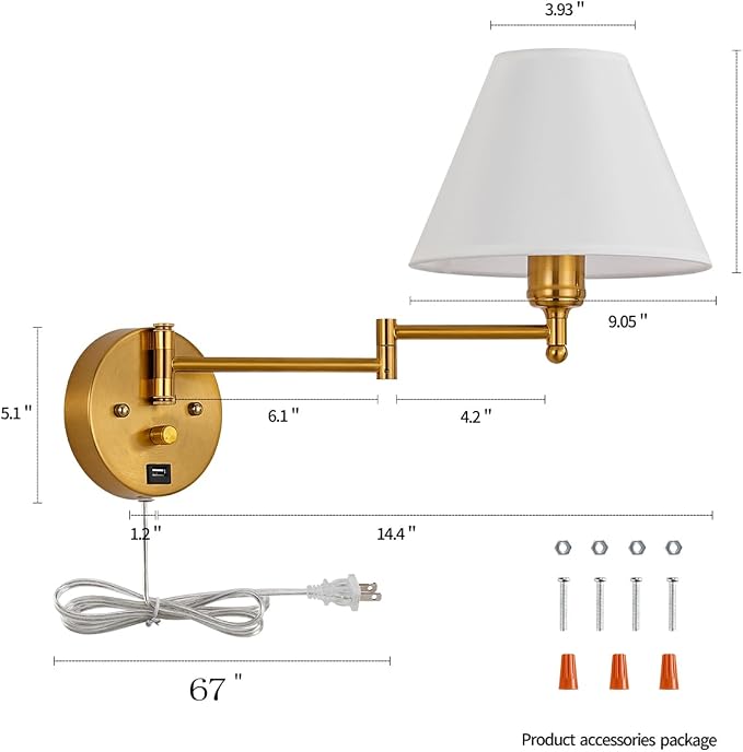 Swing Arm Wall Sconces, Plug-in Wall lamp,Bedroom Wall lamp ， White Fabric Shade，，with dimmable Switch and USB Charging Port, Suitable for Bedside, Living Room, Reading (Golden)
