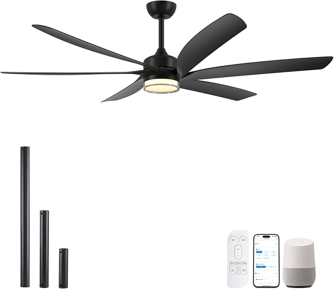 64 inch Smart Ceiling Fan with Light, Alexa/APP/Wifi/Remote Control, Large 6 Black Blades, High Airflow Quiet Reversible DC Motor, Indoor Outdoor Fans for Covered Patios, Gazebo, Deck, 3 Downrods