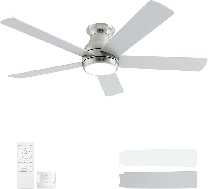 POCHFAN 52 Inch Brushed Nickel Ceiling Fans with Lights and Remote,LED Low Profile Flush Mount Ceiling Fan for Bedroom, Living Room,Patio,Quiet DC Motor,5 Blades