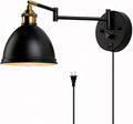 Swing Arm Wall Sconces, Plug-in Wall lamp,Bedroom Wall lamp ， White Fabric Shade，，with dimmable Switch and USB Charging Port, Suitable for Bedside, Living Room, Reading (Metallic Black)