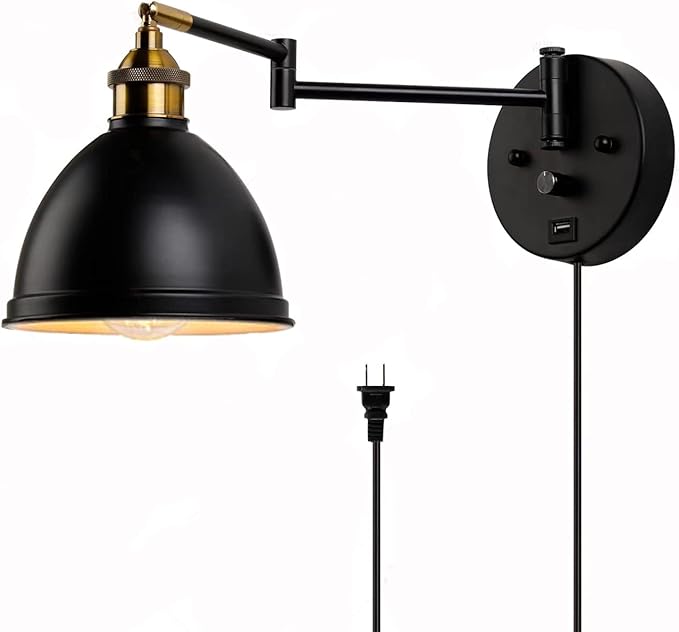 Swing Arm Wall Sconces, Plug-in Wall lamp,Bedroom Wall lamp ， White Fabric Shade，，with dimmable Switch and USB Charging Port, Suitable for Bedside, Living Room, Reading (Metallic Black)