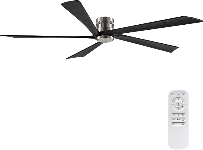 EKIZNSN 84 Inch Brushed Nickel Flush Mount Ceiling Fans without Light for Patios, 110V Noiseless Reversible DC Motor, 6-Gear Speed (Nickel Finish with Black Blades)