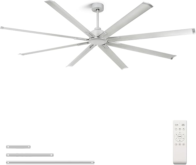 YYEHON 84 Inch Large Ceiling Fans No Lights, Industrial Fan Quiet DC Motor, 8 Aluminum Blades, 3 Downrod, 6-Speed Remote Control, Home or Commercial Fan for Porch, Garage, Shop