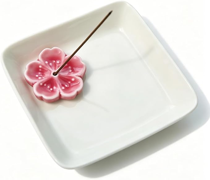 Japanese Ceramic Cherry Blossom Incense Stick Holder or Incense Burner Holder, Simply Unique Ash Catcher Inscent Tray and Decorative Gift, Home Decor 4.53 inches, White