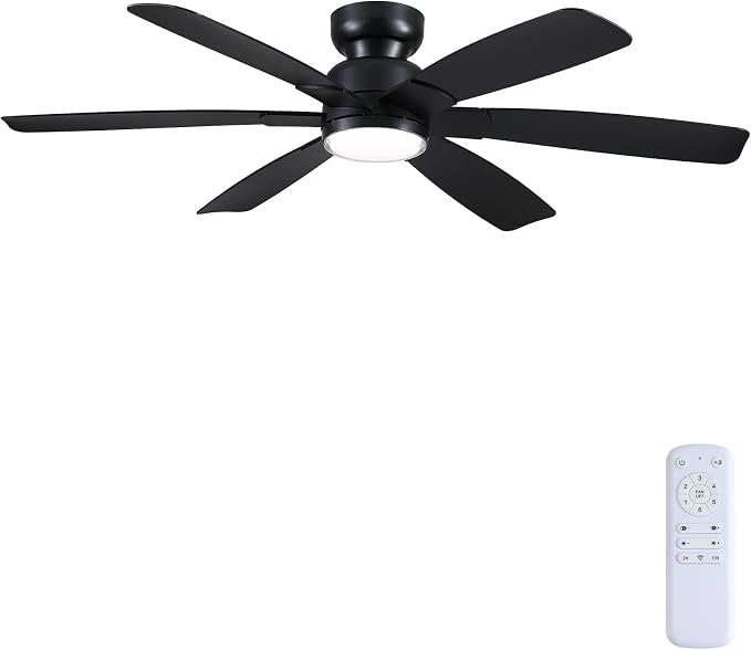 Kviflon 52 Inch Modern Ceiling Fans with Lights Remote Control, Low Profile Flush Mount Ceiling Fan, 6 Reversible Plastic Blades, 6 Speeds 3 CCT Dimmable LED Lights for Bedroom Living Room, Black