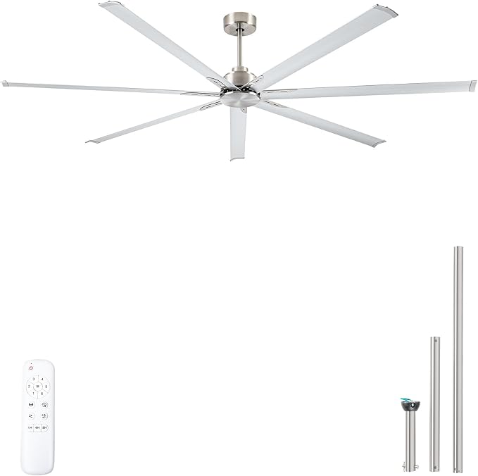 Minislak 96 Inch HVLS Aluminum 7 Blades Industrial & Commercial Ceiling Fan no Light,8ft High CFM DC Motor,6-Speed,Indoor Outdoor Brused Nickel Ceiling Fan for Patio,Garage,Shop,Library