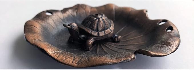 Red Copper Antique Style Metal Lotus Flower Lily Pad Ash Catcher Mini Lucky Turtle Incense Burner Holder Plate Zen Buddha Buddhist Meditation Decor w/Sandalwood Sticks Gift Set