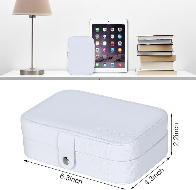 Hatori Travel Jewelry Box, PU Leather Small Jewelry Organizer for Women Girls, Double Layer Portable Mini Travel Case Display Storage Holder Boxes for Stud Earrings, Rings (White Beige)