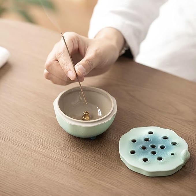 Zen Incense Burner with Lotus Lid Design (Lake Blue), Ceramic Incense Holder for Bakhoor, Stick, Powder, Cone, Coil, and Tower Incense, Home Fragrance Decor